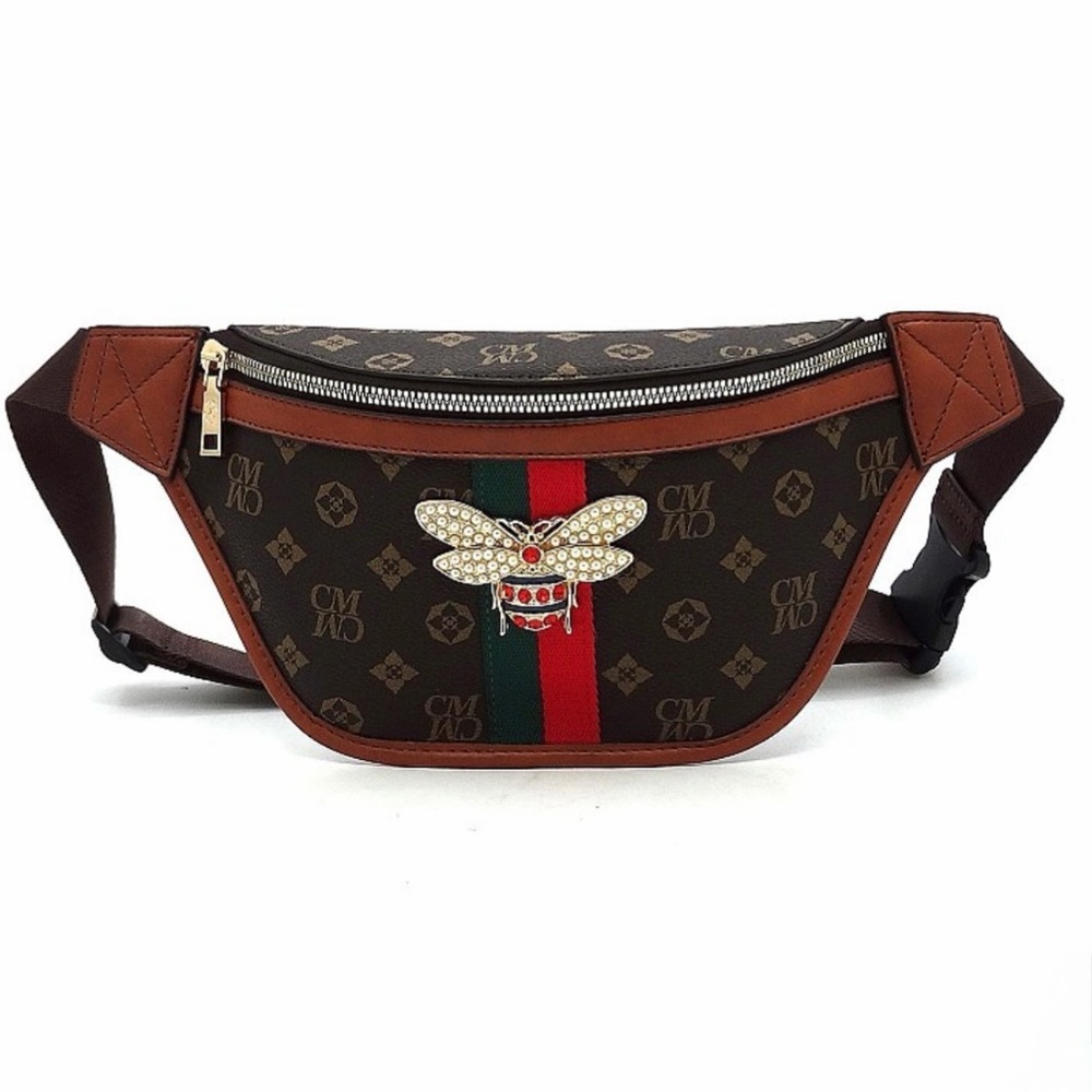 Designer Monogram Bee Fanny Pack with Red-Green Stripe
